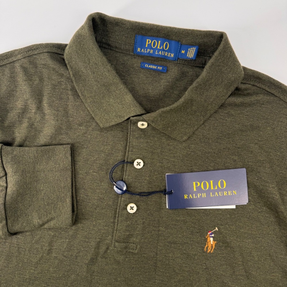 Polo Ralph Lauren Polo Shirt Mens M Green Long Sleeve Classic Fit Heathered
